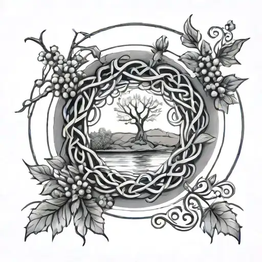 Blackthorn And Rowan Trees Growing Over Fairy Pool Encircled By Celtic Knot Circle Wreath