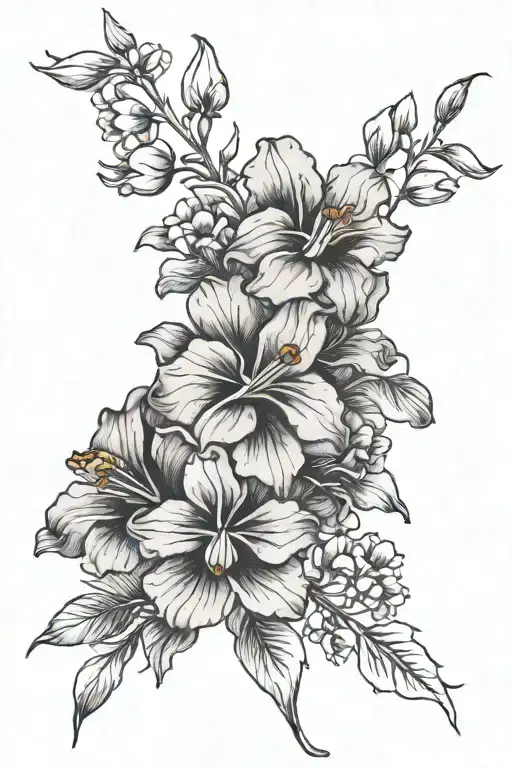 Morning Glory Iris Cherry Blossom Marigold Flowers Simple Bouquet Fine Line