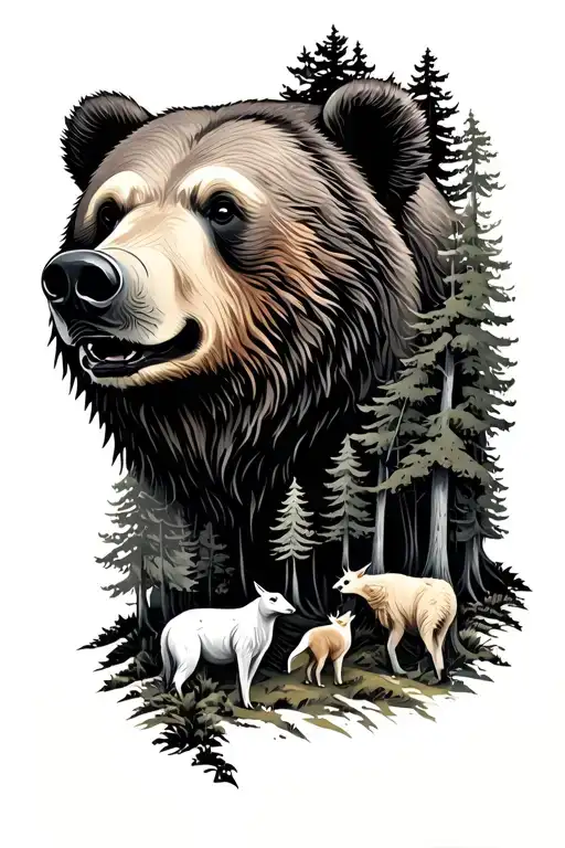 Bear Head With Trees And Animals