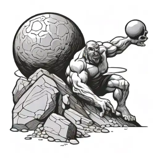 Sisyphus Rolling A Boulder Up A Hill With An Interrogation Hood On And A Smile Drawn On