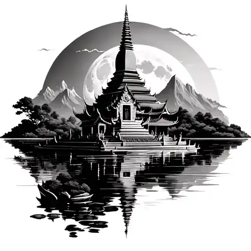 Thai Temple In Front With Water At Bottom Moon At Top And Mountains In Background