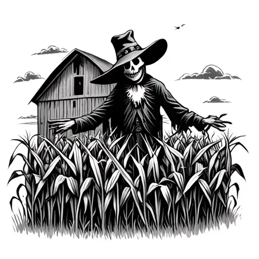 Scare Crow In A Cornfield In Front Of A Barn
