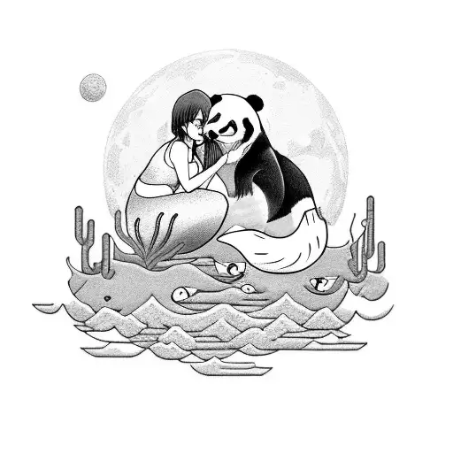 An Anime-inspired Tattoo Of A Mermaid Kissing A Panda Under A Full Moon