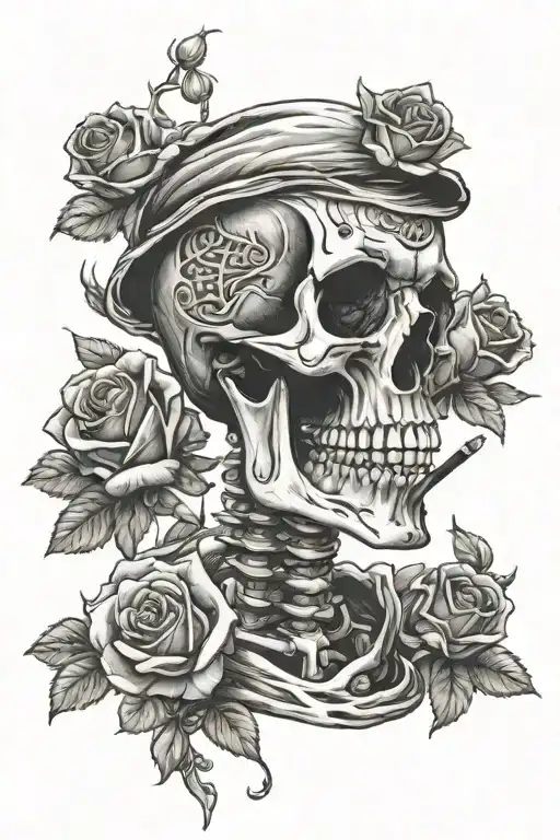 Skeleton Smoking Cig With Roses Intertwined