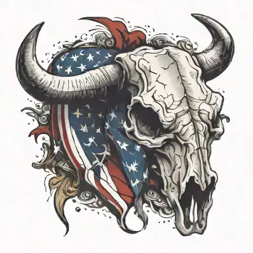 Cracked And Shaded Long Horn Cow Skull With The American And Colombian Flag On It