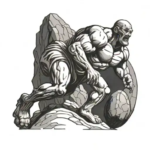 Sisyphus Rolling A Boulder Up A Hill With An Interrogation Hood On And A Smile Drawn On