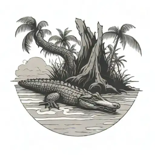 A Beach Scene With A Gator Laying Under A Pal M Tree