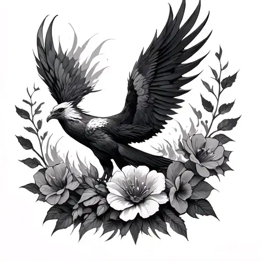 Flowers And Phoenix Rising From The Ashes