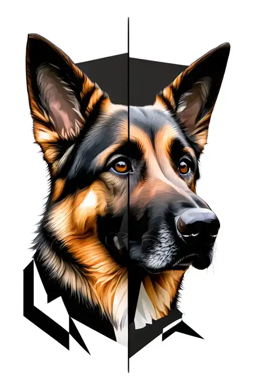Half Realistic German Shepherd Face And Half Geometric