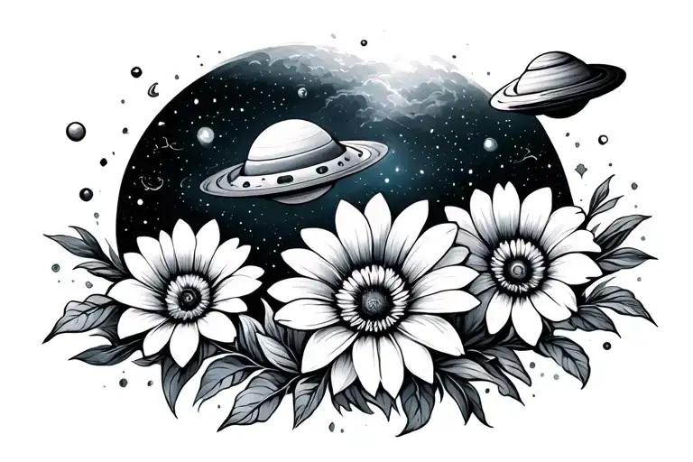 Space Flowers Water Ufo Planets Night Sky