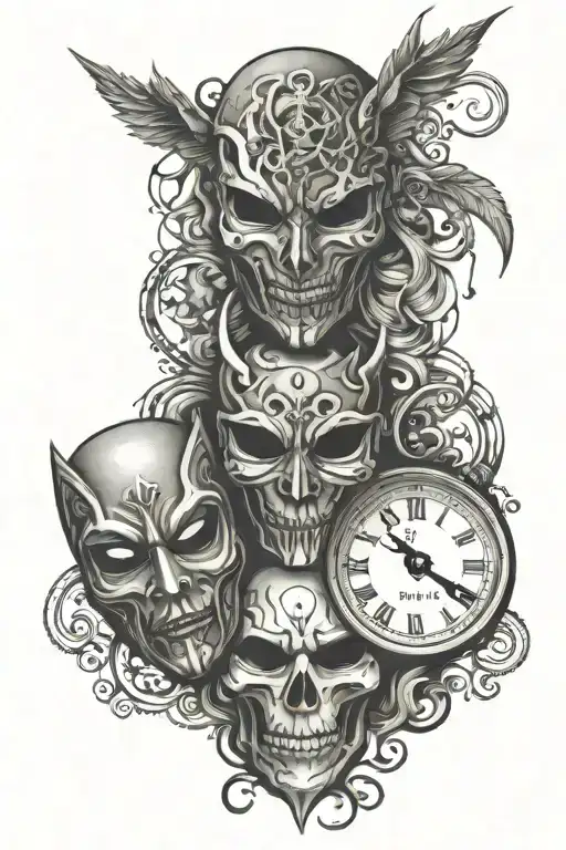 Masks With Happ And Sad Face With Clock Surrounded