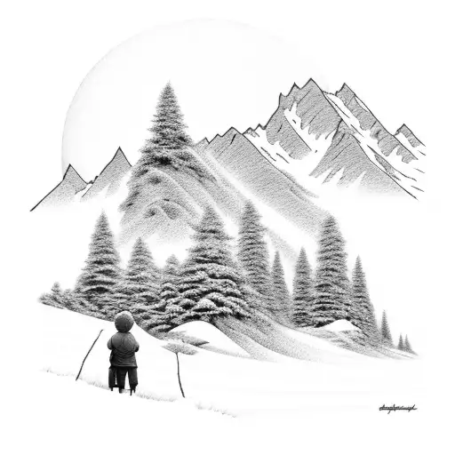 A Serene Mountain Landscape With A Mother And Child Silhouette Hiking Together