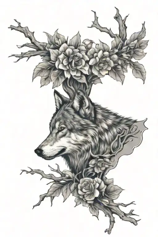 Wolf And Flowers Wrapping Tree Branches