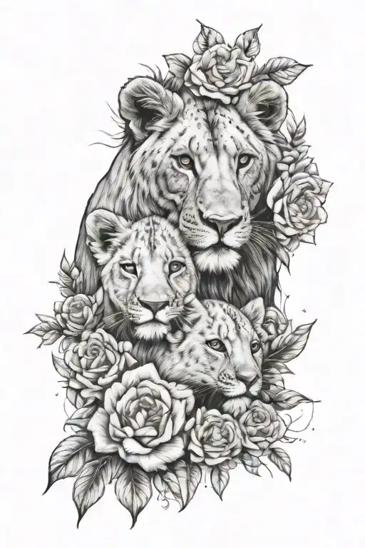 2X Lion Cubs Faces Surrounded By Flowers With The Names Braxton And Madison