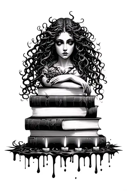 Medusa Wrapping Around To Stack Of Dark Romance Books With Wax Dripping Candles