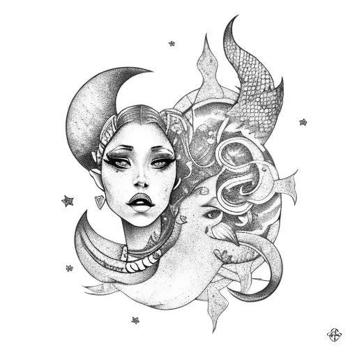 Siren Mermaid With Tribal Art Tattoos And Giant Moon