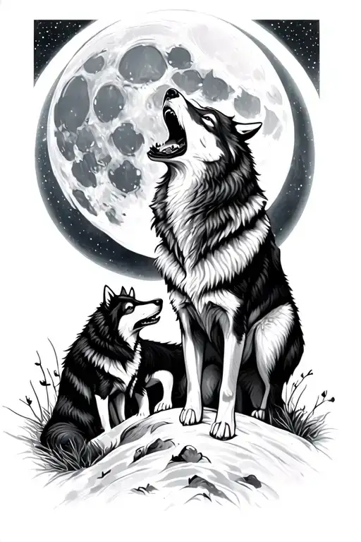 A Wolf Howling At The Moon With A Wolf Snarling And Standing Over A Wolf Pup