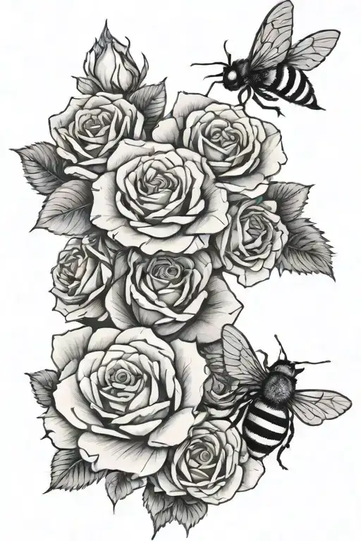 On Left Forearm 6 Roses With 3 Honey Bees And A Rosary Resting On The Back Of Left Hand