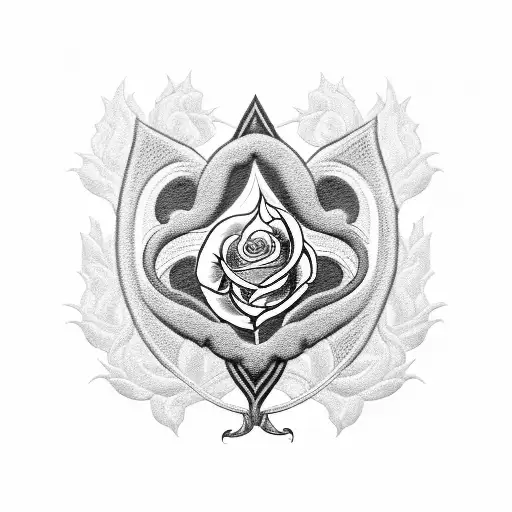 A Black-grey Tattoo Of A Family Crest Incorporating A Rose Motif