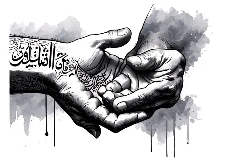 One Mans Hand Holding Another Man's Hand Up And The Hands Themselves Are Made Of Arabic Text
