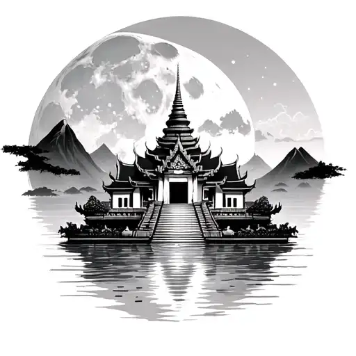 Thai Temple In Front With Water At Bottom Moon At Top And Mountains In Background