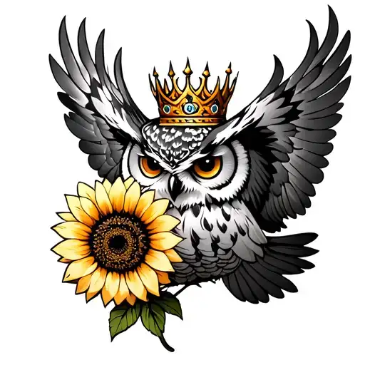 Flying Owl Wearing A Crown Holding A Sunflower Blooming In Its Talons