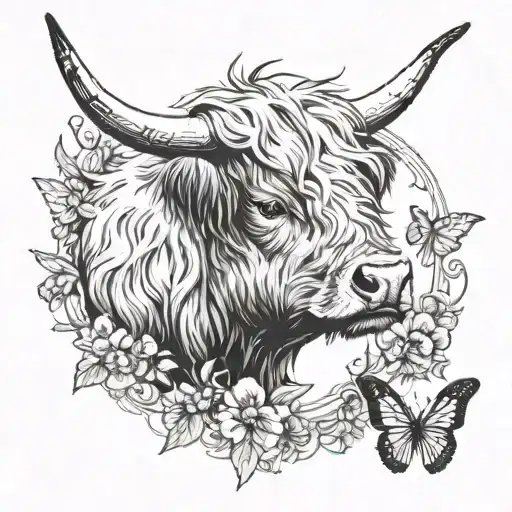 Highland Cow Head Over Butterfly