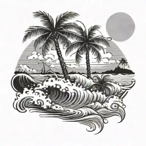 Beach Scene With Palm Trees And Waves