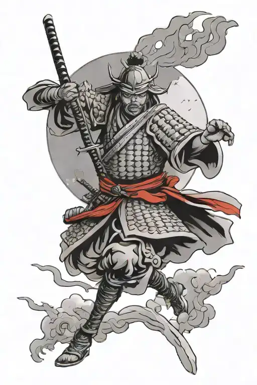 Samurai Warrior With Red Moon Behind