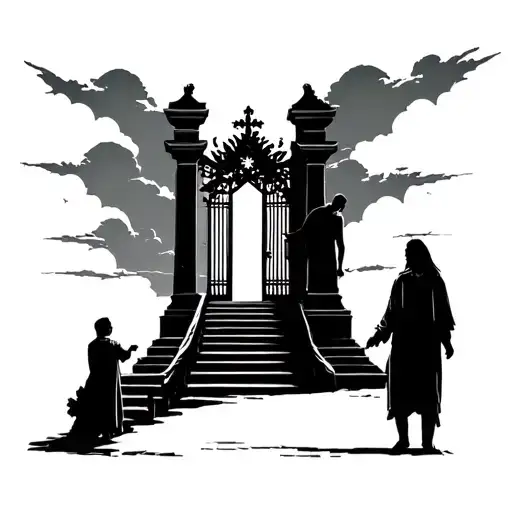 Father And Son At The Foot Of The Staircase With The Gate Of Paradise On Top And With Clouds Around