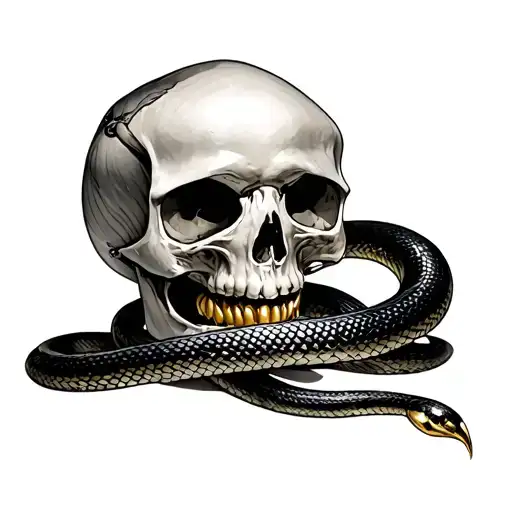 Anatomical Skull With A Snake Intertwined And Has A Gold Tooth