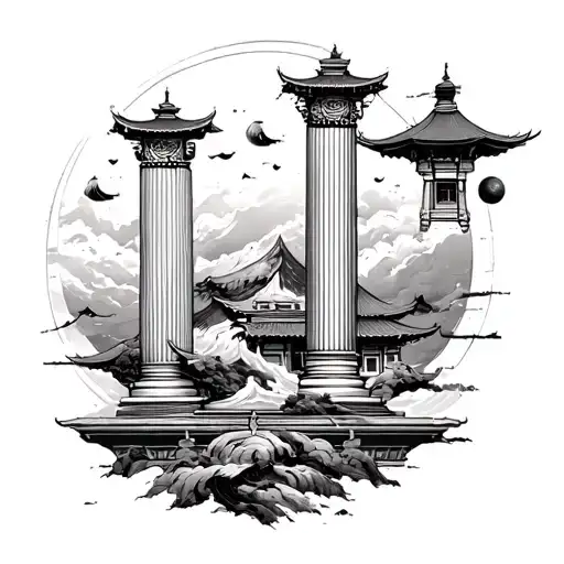 Traditional Korean Style Painting Of The Pillars Of Life In Space