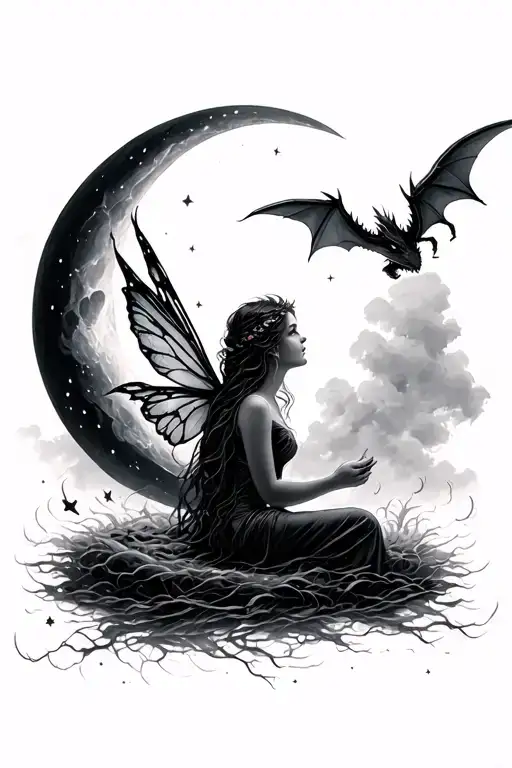 A Fairy Sitting In A Crescent Moon Looking Up At Dragons Flying