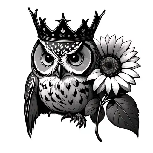 Owl Wearing A Crown Holding A Sunflower Blooming