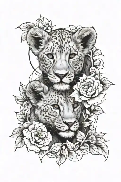Two Lion Cub Faces Surrounded By Flowers Intertwined On Forearm