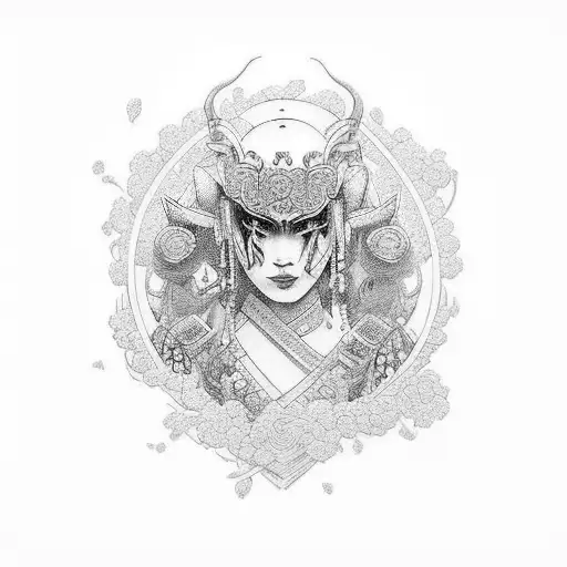 An Intricate Tattoo Design Combining Elements Of A Beautiful Woman And A Powerful Samurai Warrior