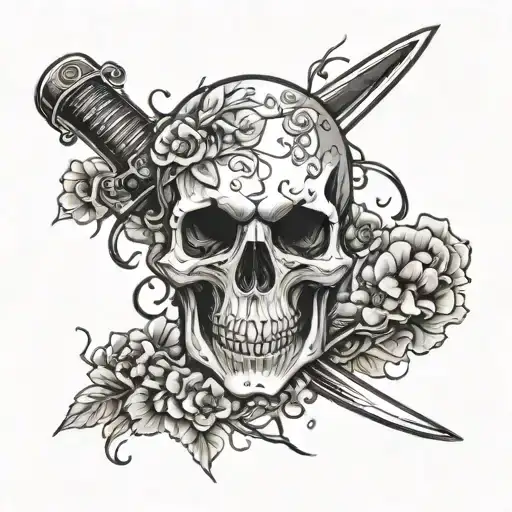 A Tattoo With A Katana Threw A Skull That Has A Blossom Tree Growing Threw It