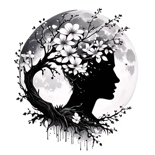 Full Moon With Flowers Blooming And A Silhouette Of An Abstract Person Tree