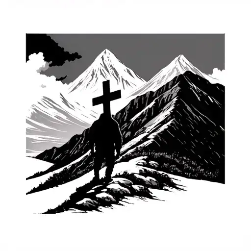 Man Walking Up Mountain On Path Walking Up Towards A Cross