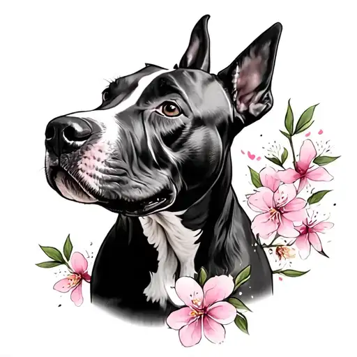 Enhlish Bull Terrier And Cherry Blossoms