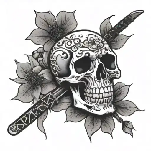 A Tattoo With A Katana Threw A Skull That Has A Blossom Tree Growing Threw It