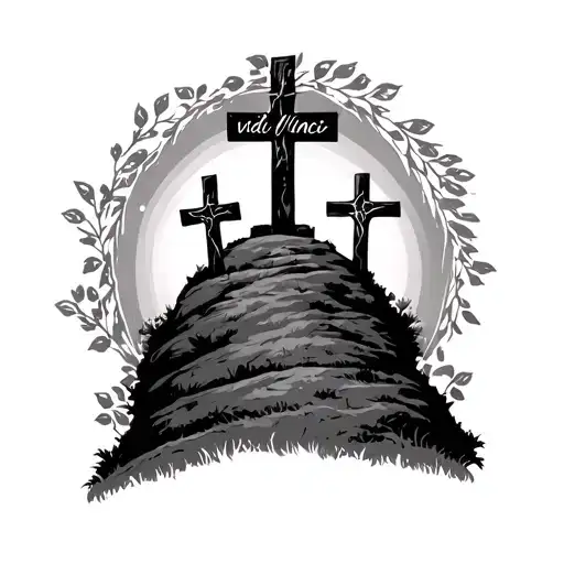 Three Crosses On A Hill With The Writing Vine Vidi Vinci