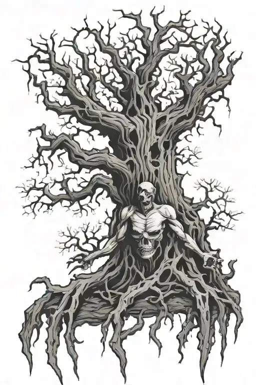 Dead Tree With Devil Holding Roots