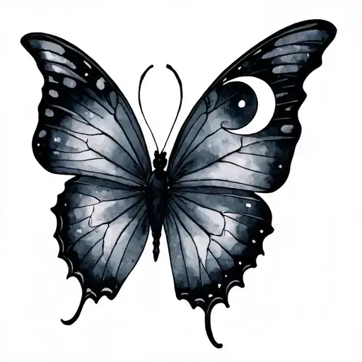Watercolor Butterfly With Crescent Moon And Tides