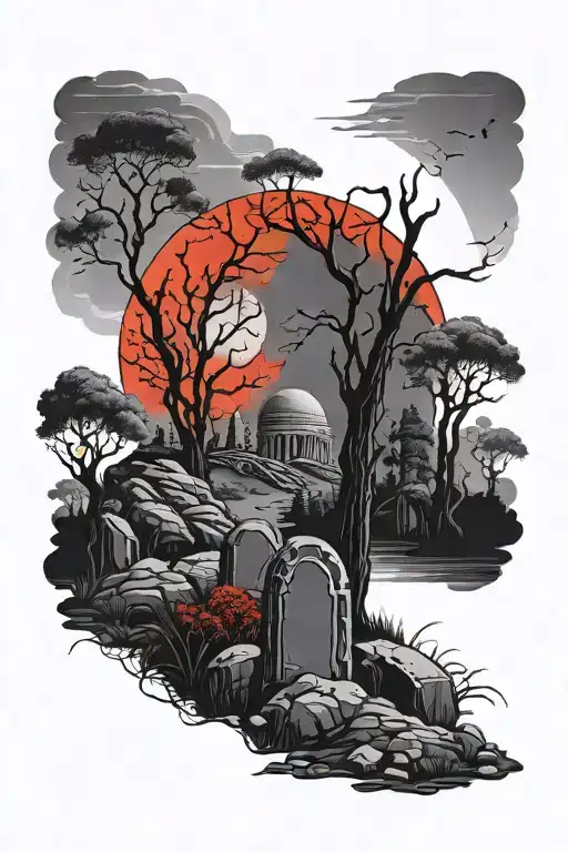 Red Moon Over A Forest With Tomb Stones