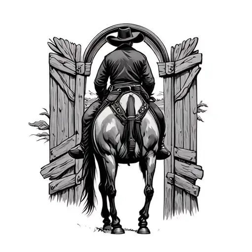 Cowboy On Horse Standing Still Facing The Gates Of Heaven