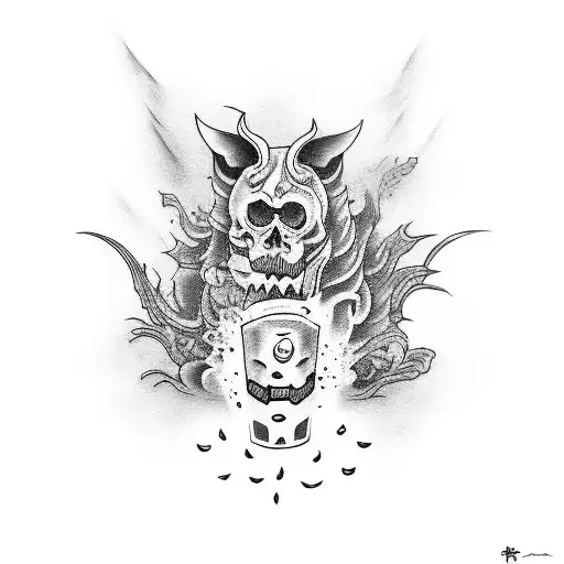 Create A Tattoo Design Featuring A Black Beer Bottle Surrounded By Japanese Demons