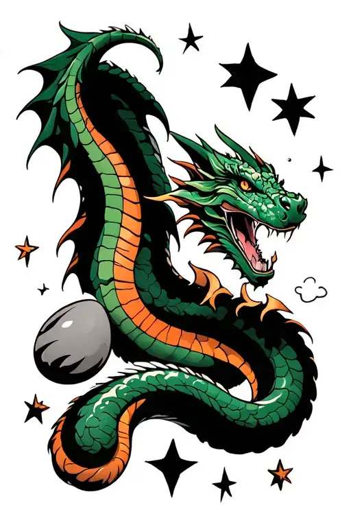 Green And Orange Serpent Dragon Protecting 3 Eggs Admist The Stars