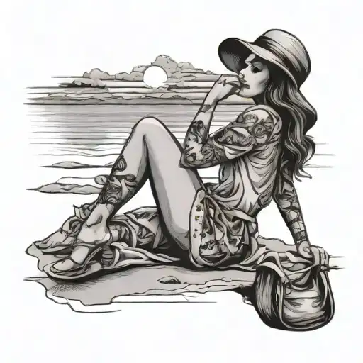 Feminine Woman Sitting At A Beach Sunset