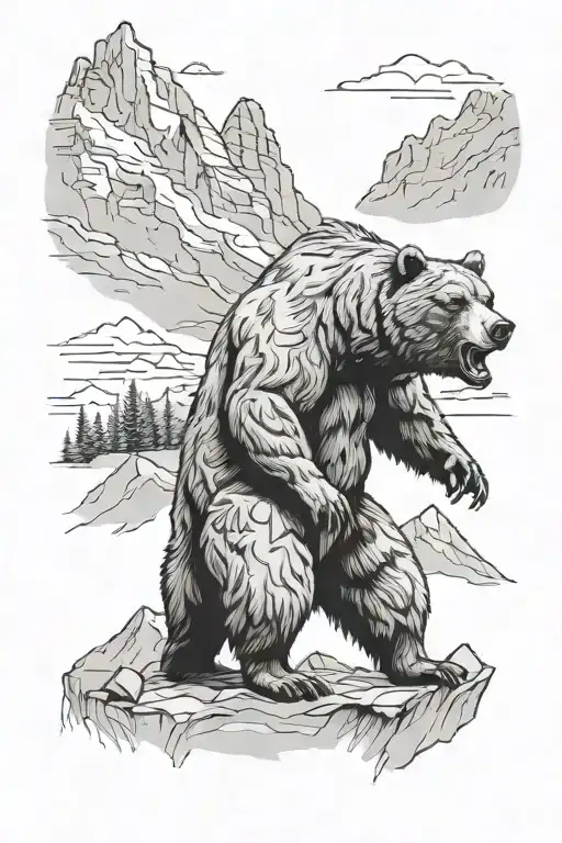 Outline Sketch Of A Grizzly Bear Standing On Two Legs With A Mountain Scape